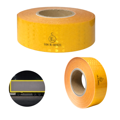 Przejdź do produktu Taśma odblaskowa żółta konturowa 50 mb | Samoprzylepna taśma ostrzegawcza do ciężarówek, naczep i przyczep